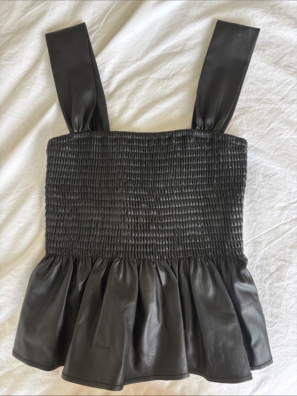 🔥 SALE Staud Black Vegan Leather Peplum Smocked Ida Top, size M - Picture 8 of 10